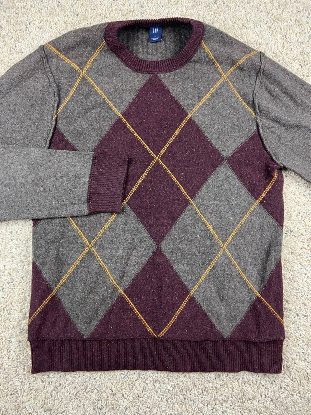 Gap Men's Wool Silk Crewneck Sweater Size Large Brown Burgundy Red Diamond